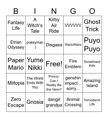 iso game recs list Bingo Card