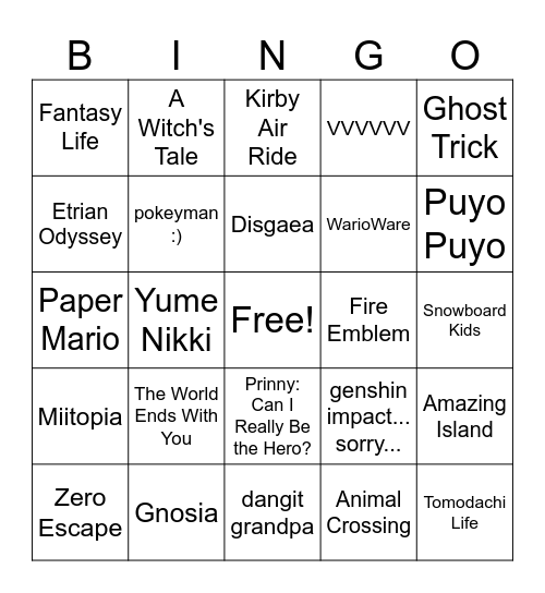 iso game recs list Bingo Card