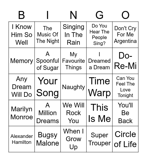 Singo Bingo - Musicals Bingo Card