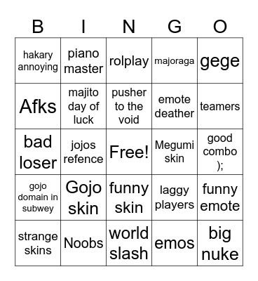 type player bingo Card