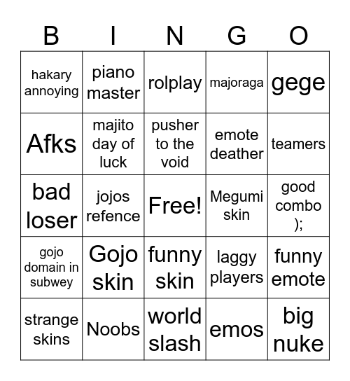 type player bingo Card