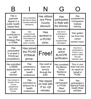 PCHD Public Health BINGO Card