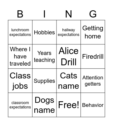 Back to school Bingo Card