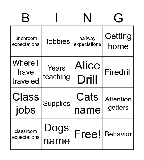 Back to school Bingo Card