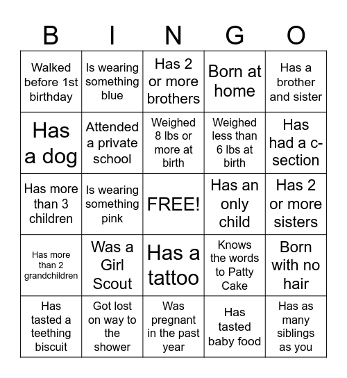 Baby Shower Ice Breaker Bingo Card