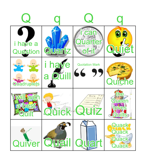 Letter Q Bingo Card