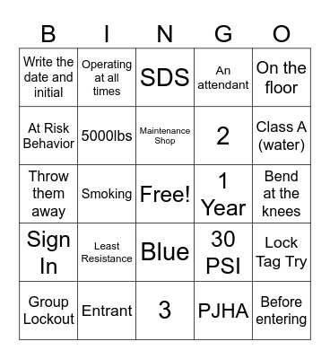 Safety Bingo Card