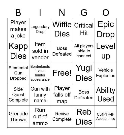 Borderlands 2 Juice Squad Bingo Card