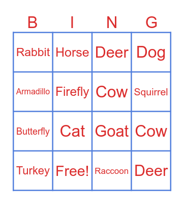 Animal Bingo Card