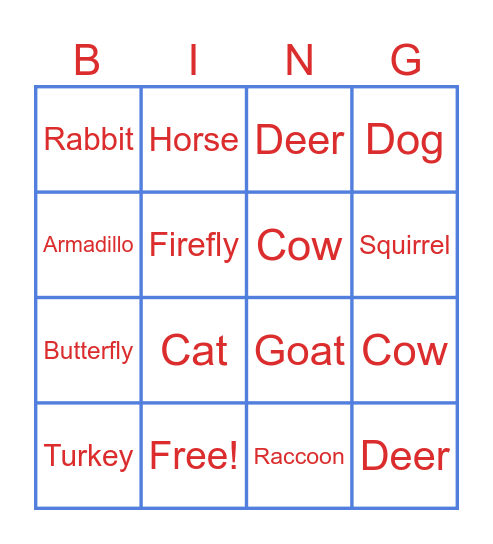 Animal Bingo Card