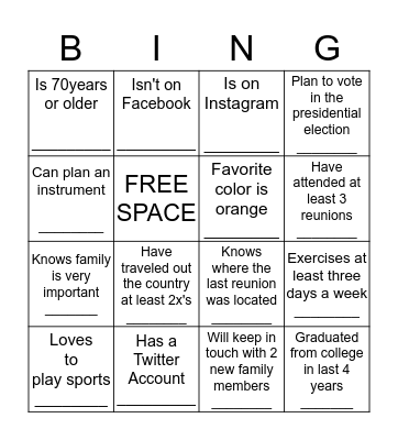 CCHW 25th Family Reunion - July, 2016  Bingo Card