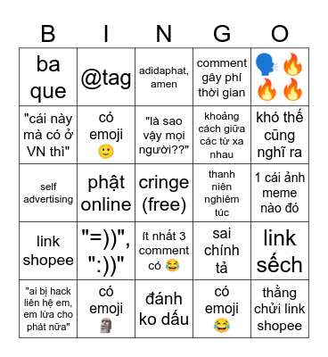 Bình luận Facebook Việt Nam v2 Bingo Card