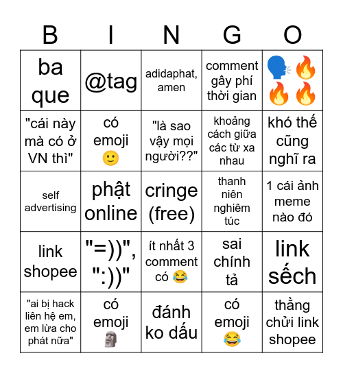 Bình luận Facebook Việt Nam v2 Bingo Card