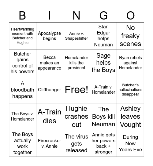 The Boys Season 4 Finale Bingo Card