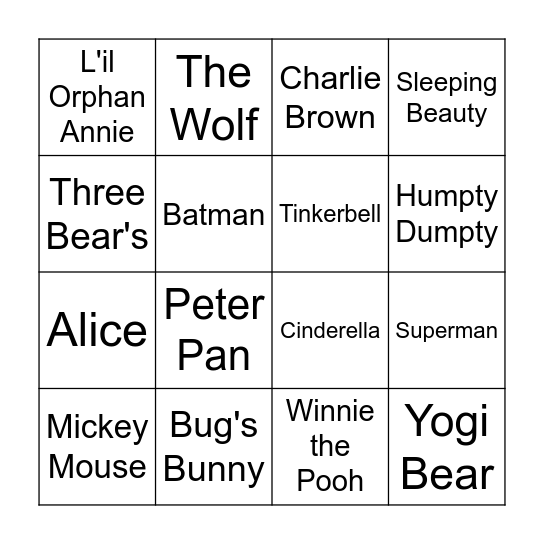 Cartoon Characters Bingo Card