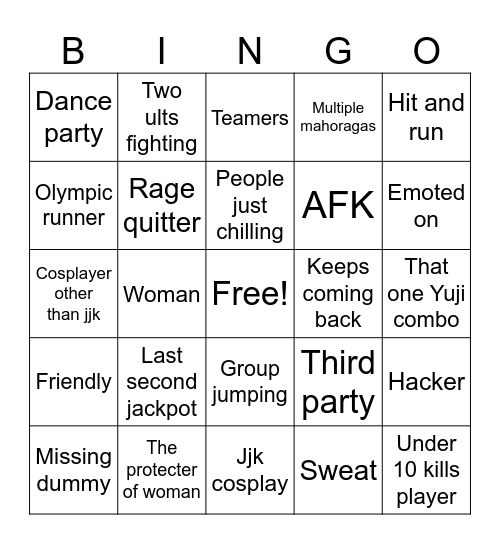 Jujutsu bingo Card