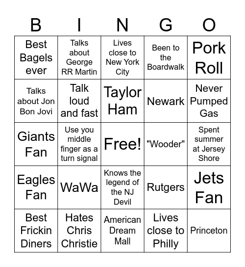 New Jersey Bingo Card