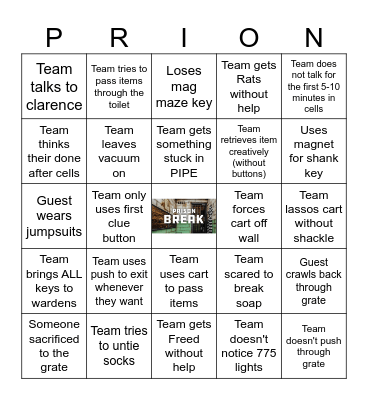 Prison Break Bingo Card