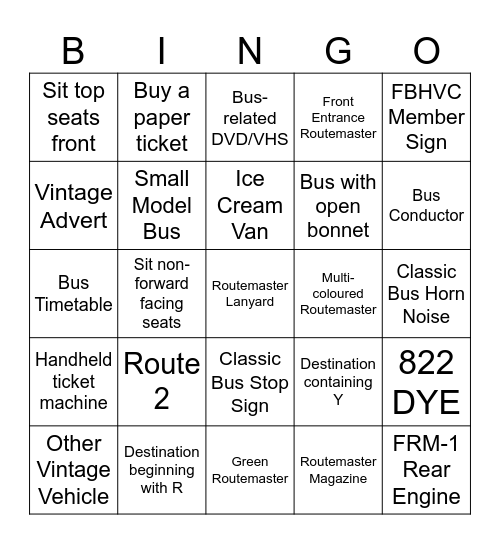 Routemaster 70 Bingo Card