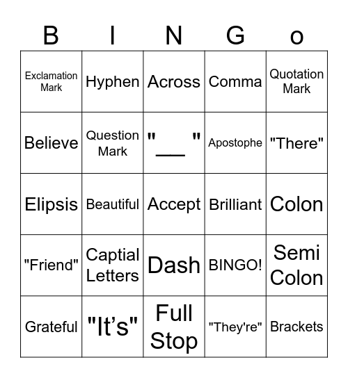 Spelling and Punctuation Bingo Card