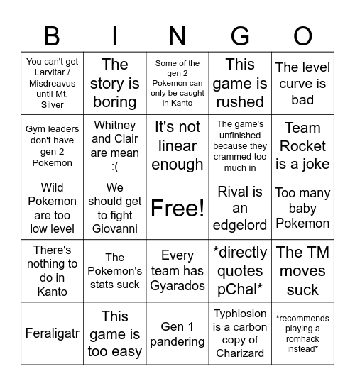 "Gen 2 is bad actually" bingo Card