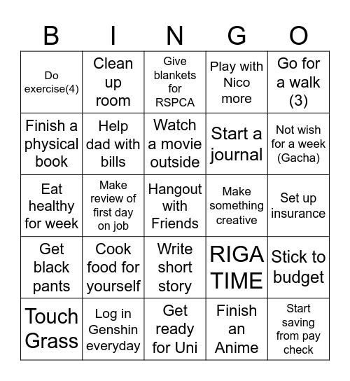 Weekly Bingo Card