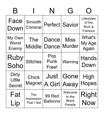 Pop Punk Bingo Card