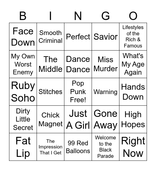 Pop Punk Bingo Card