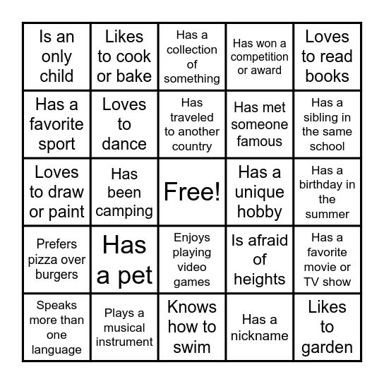 Classmate Bingo Card