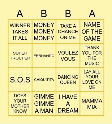 ABBA GOLD BINGO Card