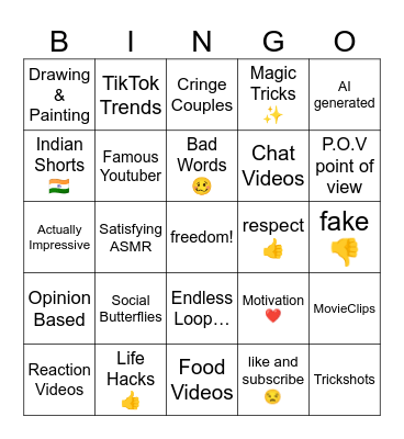 YouTube Shorts Bingo Card