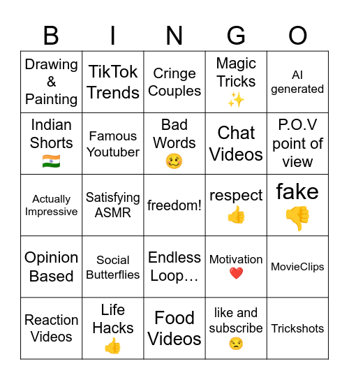 YouTube Shorts Bingo Card