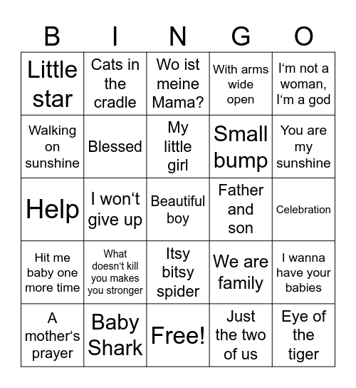 Baby Party Songs Bingo Card