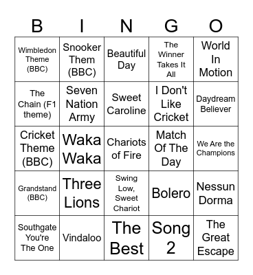 Singo Bingo - Sports Songs Bingo Card