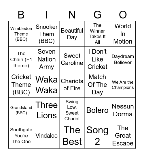 Singo Bingo - Sports Songs Bingo Card