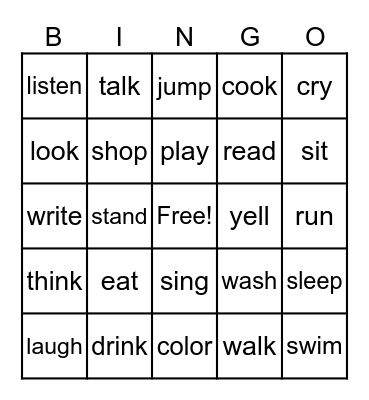 Verb - Action BINOG Bingo Card