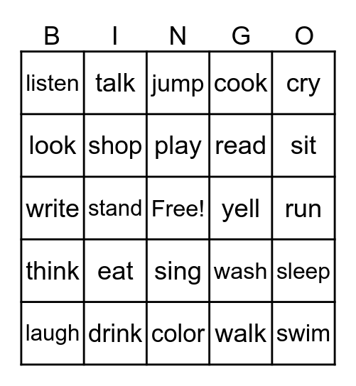 Verb - Action BINOG Bingo Card