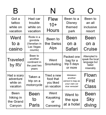 Vacations Bingo Card