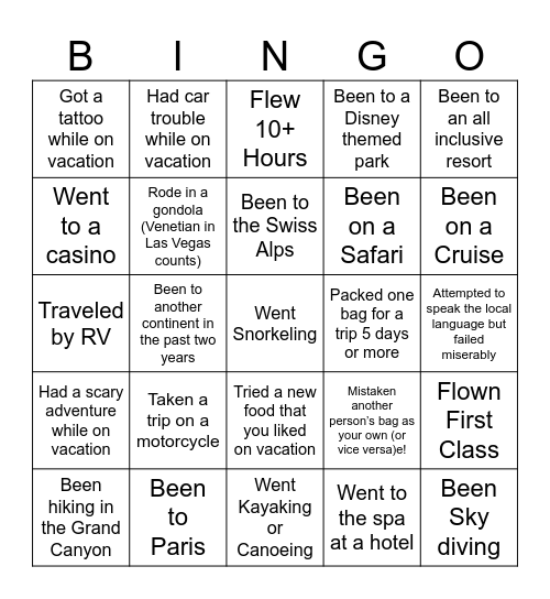 Vacations Bingo Card