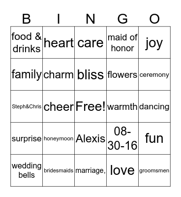 Stephanie's Bridal Shower Bingo Card