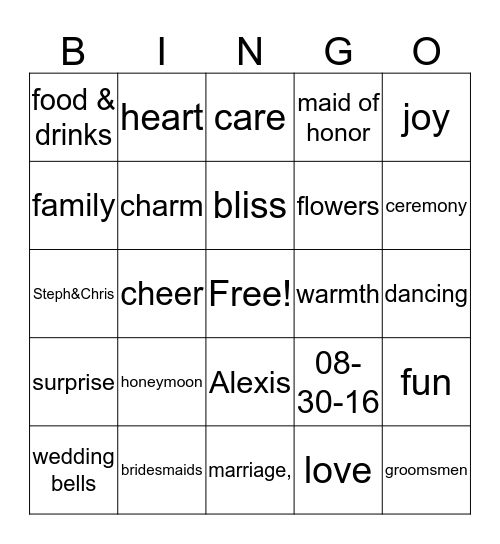 Stephanie's Bridal Shower Bingo Card