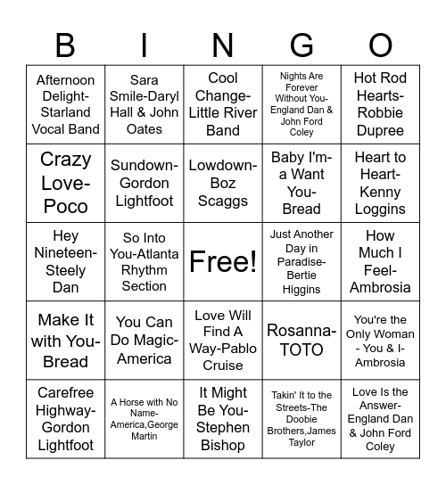 Yacht Rock Bingo Card