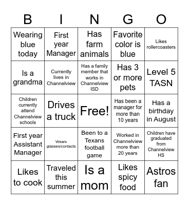 Get to know you Bingo Card