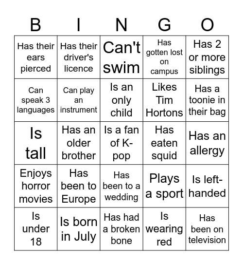 Welcome Bingo Card