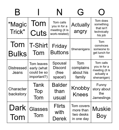 Tom James Bingo Card