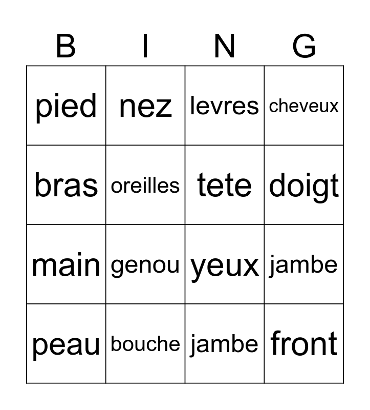 Les Parties du Corps Bingo Card