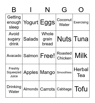 Healthy Food Bingo Card