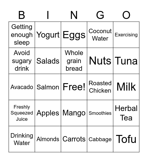 Healthy Food Bingo Card