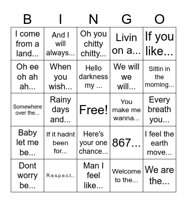 lyric bingo Card