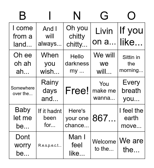 lyric bingo Card